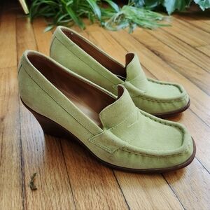 Vintage y2k Michael Kors lime green leather suede wedge heel loafers